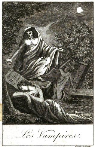 Grabado francés para ilustrar Histoire des vampires et des spectres malfaisants publicado en 1820.